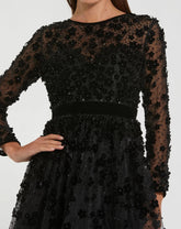 Black Embellished Illusion High Neck Long Sleeve Fit & Flare Dress